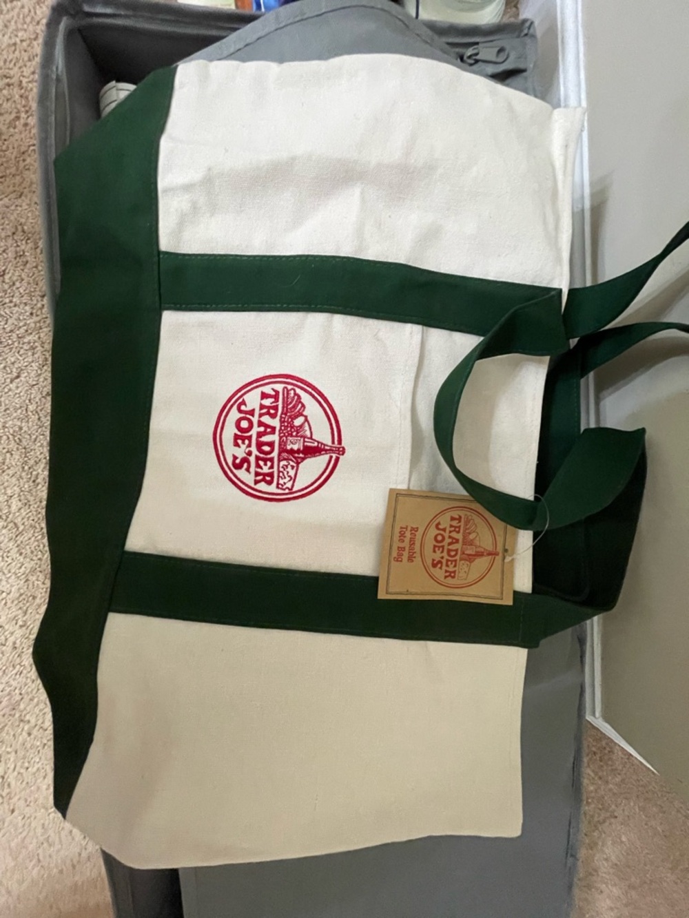 REAL Trader Joe's Green and Cream Canvas Tote Bag